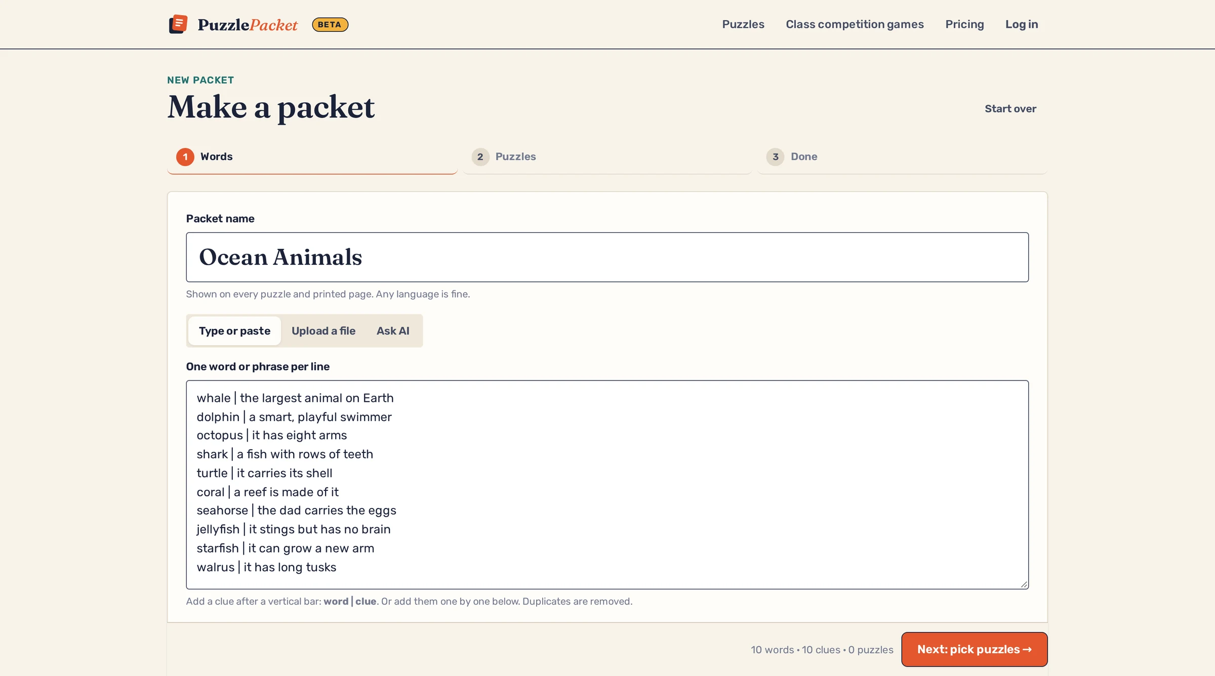 The PuzzlePacket maker: an Ocean Animals word list with a clue after each word, and the step to pick puzzles next